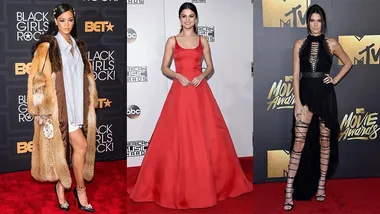 Three women in glamorous red carpet outfits at different award events in 2016.