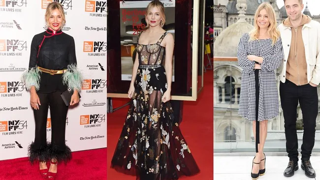 Three fashion-forward outfits worn by a woman at various events, showcasing floral gowns and chic ensembles.
