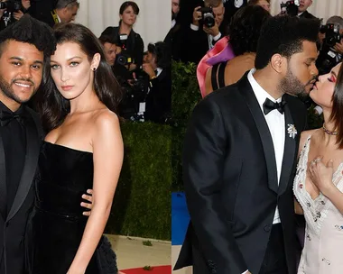 Two celebrity couples at the 2017 Met Gala; one posing and the other sharing a kiss.