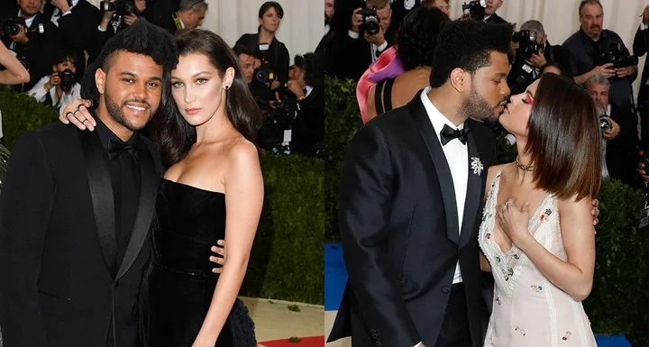 Two celebrity couples at the 2017 Met Gala; one posing and the other sharing a kiss.