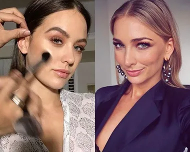 Two women are getting ready for Australian Fashion Week; one is having makeup applied, the other is posing in a dark blazer.