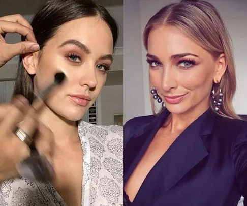 Two women are getting ready for Australian Fashion Week; one is having makeup applied, the other is posing in a dark blazer.