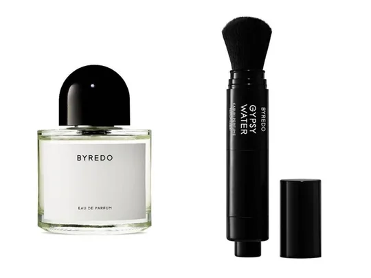 Byredo Eau de Parfum bottle beside a Byredo Gypsy Water Kabuki Perfume brush on a white background.