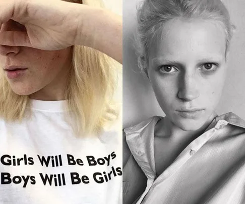 Two photos of a blonde person, one with a hand covering eyes and a shirt reading "Girls Will Be Boys. Boys Will Be Girls."