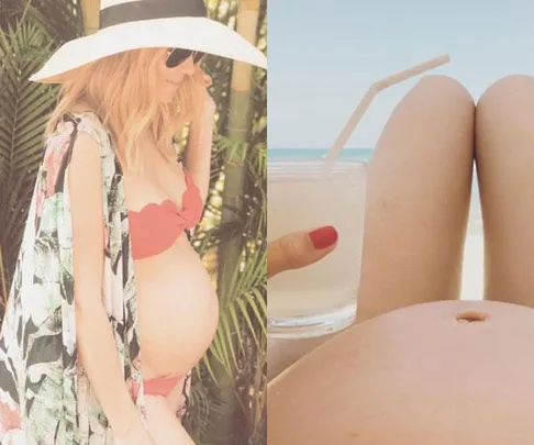 Pregnant woman in a red bikini and sunhat standing outdoors, and a close-up of her belly with a drink in hand at the beach.