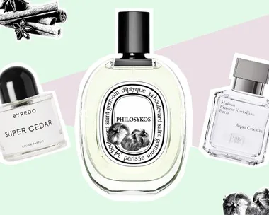 Three perfume bottles: Byredo Super Cedar, Diptyque Philosykos, and Maison Francis Kurkdjian Aqua Celestia, with spice illustrations.