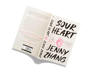 Cover of "Sour Heart" by Jenny Zhang showing book title, author name, and various review excerpts.