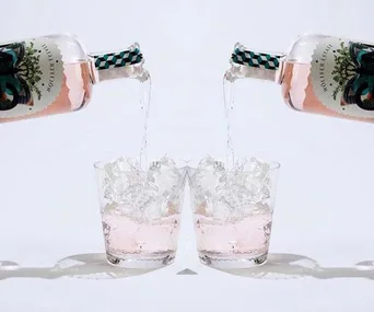 Two bottles of pink gin being poured into glasses filled with ice against a white background.