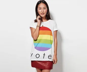 A woman wearing a white T-shirt with a rainbow circle and the word "vote", promoting marriage equality.