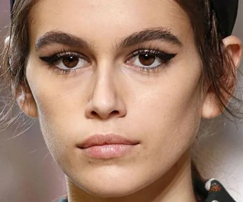 Close-up of a model with bold eyebrows and winged eyeliner, showcasing a natural makeup look.