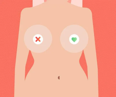 Illustration of a woman's torso with symbols on her breasts: a red cross on the left and a green heart on the right, over a red background.