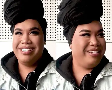 Person with a black headwrap and denim jacket smiling in split frame image against a perforated wall background.