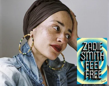 Author Zadie Smith with a contemplative expression next to the cover of her book "Feel Free".