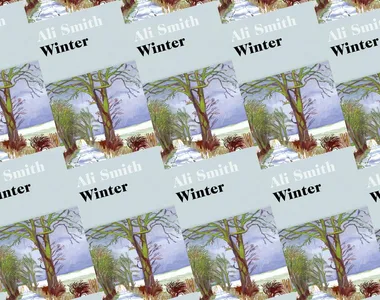 Cover of "Winter" by Ali Smith, featuring a painting of winter trees with a snowy path. Background of repeated covers.