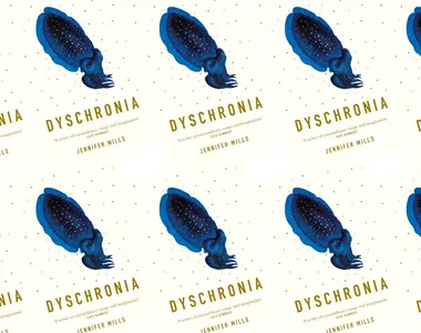 Repeated cover image of "Dyschronia" by Jennifer Mills, featuring a blue cephalopod and gold text on a white background.