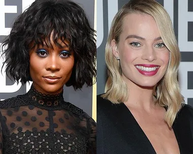 Two women at the 2018 Golden Globes: one with bold eye makeup, the other with bright lipstick, both in elegant black outfits.