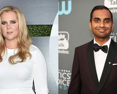 Amy Schumer in white dress on left and Aziz Ansari in black suit on right at separate events.