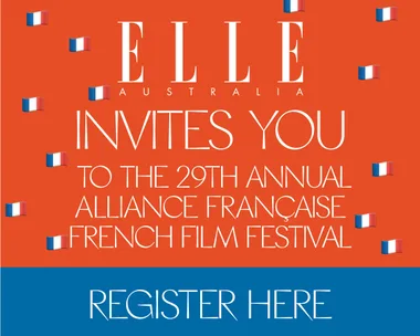 "Poster for the 29th Annual Alliance Française French Film Festival by Elle Australia, with small French flags and a 'Register Here' button."