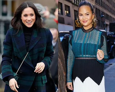 Meghan Markle in a plaid coat and Chrissy Teigen in a lace dress, both smiling at different public events.