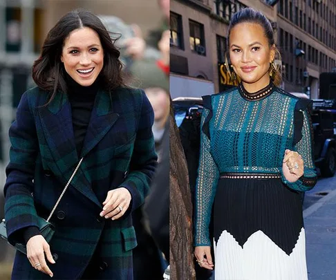 Meghan Markle in a plaid coat and Chrissy Teigen in a lace dress, both smiling at different public events.