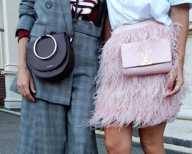 Two women in stylish outfits; one in gray plaid with a black purse, the other in a feathered pink skirt with a Louis Vuitton bag.