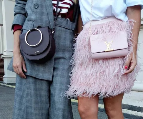 Two women in stylish outfits; one in gray plaid with a black purse, the other in a feathered pink skirt with a Louis Vuitton bag.