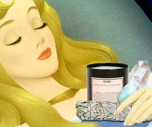 An animated character, possibly Sleeping Beauty, surrounded by self-care items like a candle and crystals.