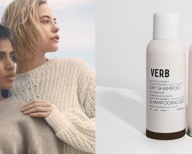 Two women in sweaters beside two bottles of Verb Dry Shampoo, labeled for dark and light hair.