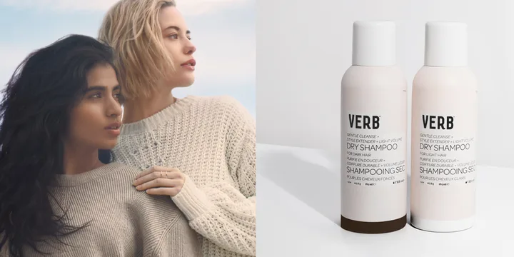 Two women in sweaters beside two bottles of Verb Dry Shampoo, labeled for dark and light hair.