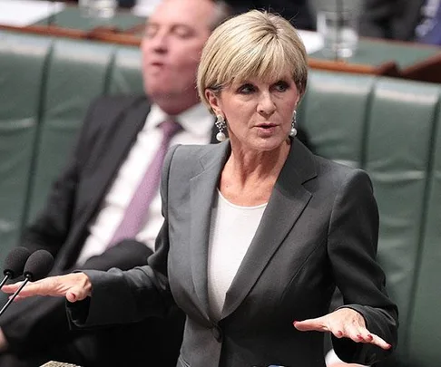 A female politician speaks emphatically at a government assembly while a male colleague appears inattentive in the background.