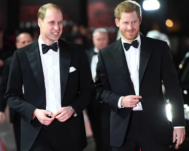 Prince William and Prince Harry in black tuxedos at a formal event.