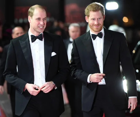 Prince William and Prince Harry in black tuxedos at a formal event.