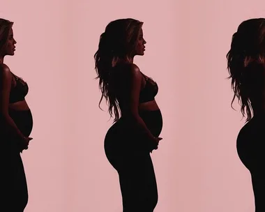 Three identical profiles of a pregnant woman in black lingerie against a soft pink background.