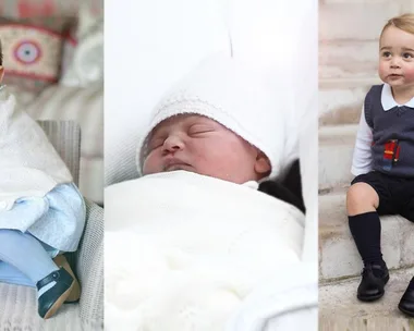 Images of three young children: a toddler wearing a white sweater sits on a chair, a newborn sleeps swaddled in white, and a young boy sits on stairs.