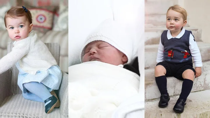 Images of three young children: a toddler wearing a white sweater sits on a chair, a newborn sleeps swaddled in white, and a young boy sits on stairs.