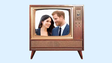 Vintage TV showing Prince Harry and Meghan Markle smiling.