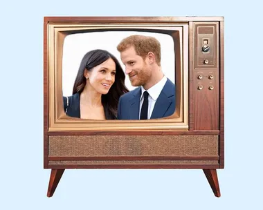 Vintage TV showing Prince Harry and Meghan Markle smiling.