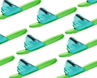 Bright green and blue Nike slides with zippered pouch on strap, arranged in a repeated pattern on white background.