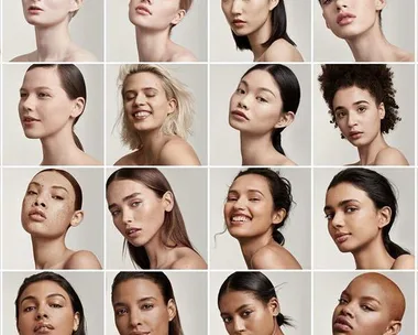 A collage of 16 women of diverse ethnicities showcasing various shades from Rihanna's Fenty Beauty foundation line.