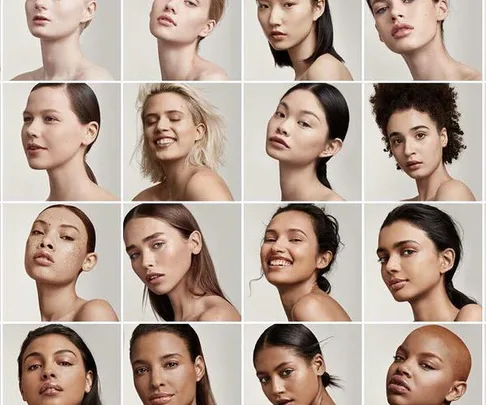 A collage of 16 women of diverse ethnicities showcasing various shades from Rihanna's Fenty Beauty foundation line.