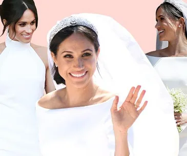 Meghan Markle in her wedding dress, smiling and waving, with two other images of her in different wedding outfits in the background.