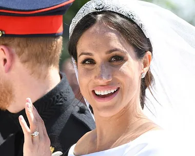 Meghan Markle in wedding dress and tiara, smiling, with Prince Harry in uniform, partially visible.