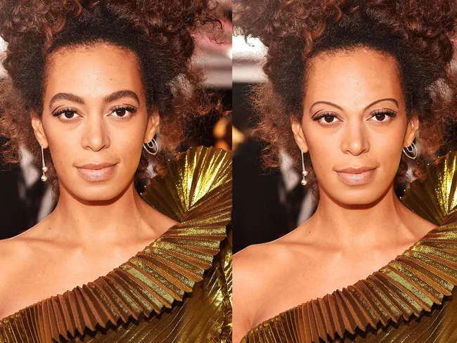 Two side-by-side images of a woman in a gold outfit, showcasing different eyebrow styles and looks.
