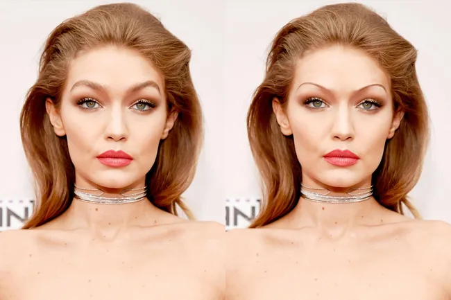 Twin images of a woman with styled hair and a silver choker, wearing red lipstick and subtle smoky eye makeup.