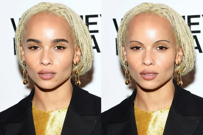 Side-by-side comparison of a person with natural and altered eyebrows, wearing golden earrings.