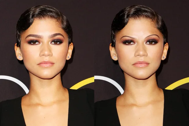 Two images of a woman with short hair and smoky eye makeup, wearing earrings and a black outfit against a dark background.