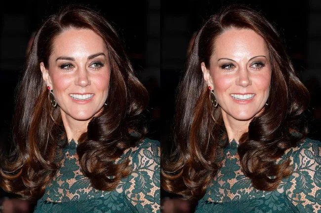 Two identical images of a smiling woman with long brown hair, wearing a green lace top and earrings.