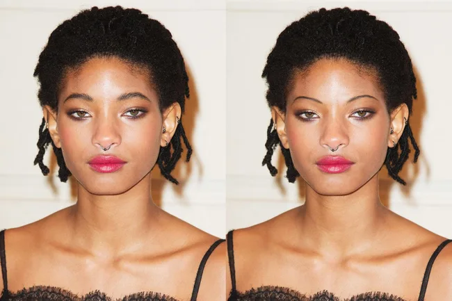 Twin images of a woman with short dreadlocks, wearing a black lace top, septum nose ring, and multiple ear piercings.