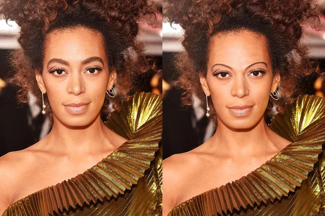 Two side-by-side images of a woman in a gold dress, with curly hair and pearl earrings, attending an event.
