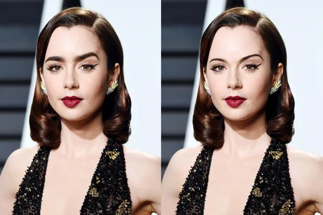 Two mirrored images of a woman with short, wavy brown hair, wearing elegant earrings and a black, sequined dress.